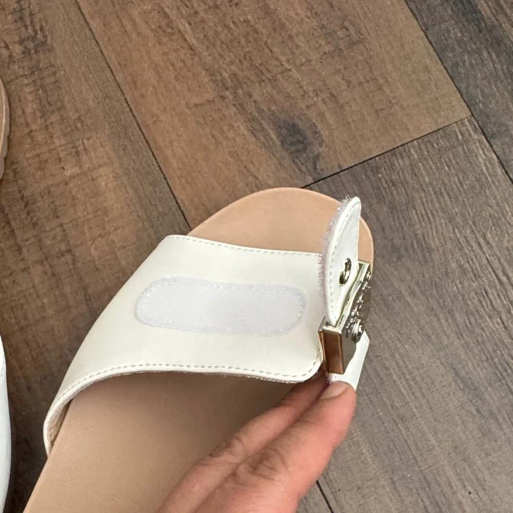 Dr. Scholl's Cream Slide Sandals with Gold Hardware